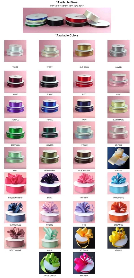 3/8" inch DOUBLE FACED SATIN Ribbon,10 yard piece, 34 colors, 100% polyester - Image 2 of 2