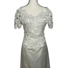 Vintage 80s/90s Hand Made Midi Beaded A line Wedding Dress Satin Romantic XS/S