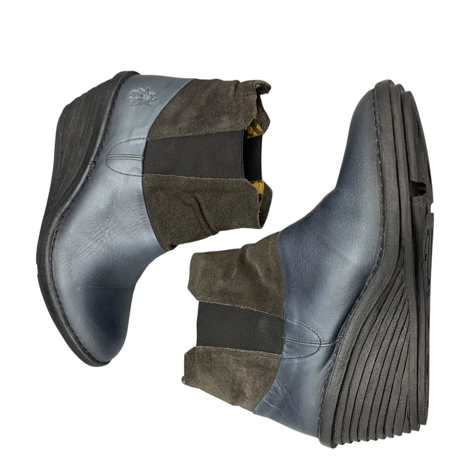 Fly London Sula Wedge Boots Size 8 Leather Bootie Blue Black Oil Suede 39  - Image 2 of 4