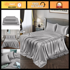 Satin Split King Bed Sheets Set - Silky Soft Silver Grey, Deep Pocket Fitted F