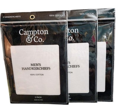 New Campton & Co. Men's Handkerchiefs 3 Pkg. of 2 each White Cotton Squares