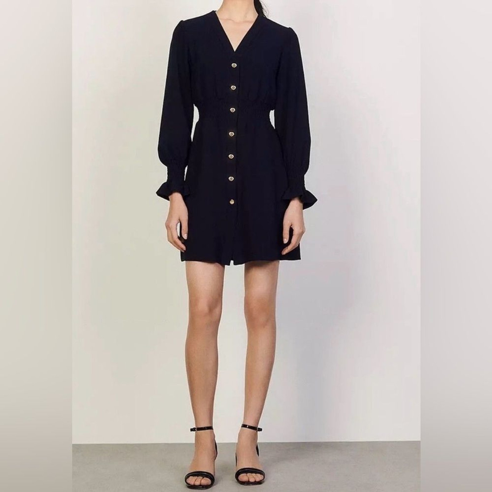 Sandro NEW Paris Lylie Button Front Dress Black Long Sleeve size 8 Feminine