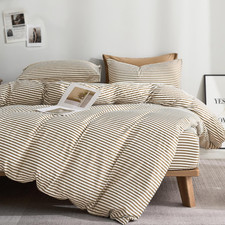 Natural Cotton Striped Duvet Cover Set, Queen Size, Zipper  Ties, White/Khaki
