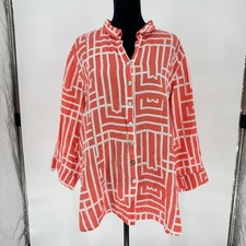 John Mark Salmon White 100% Linen Geometric Button Up Tunic Top 3/4 Sleeve XL