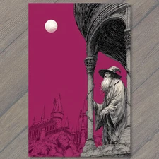 Art Print Wizard Staring Castle Smoke Magic Cloak Gothic Spires Fantasy Moon