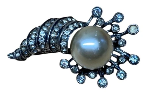 Vintage Sterling Silver Signed Eisenberg Rhinestone Pearl Cornucopia Pin Brooch