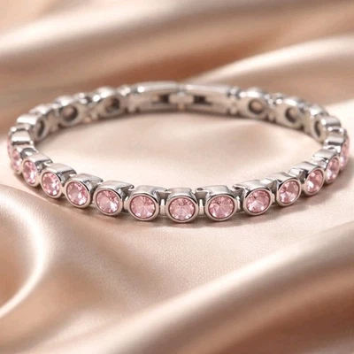 Damen Tennisball-Armband Aus Edelstahl Mit BIOMAGNETISCHER Magie, Pinke Zirkonia - Bild 1 von 4
