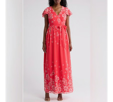 NWT Eliza J Dress Womens 6 Red Floral Chiffon Wrap Maxi Belted Flutter Sleeve