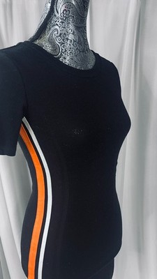 Divided H&M Black Bodycon Pencil Dress Size XS Side Stripes Orange White Ribbed