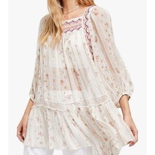 Free People Ivory Metallic Floral Embroidered Boho Mini Dress Size S Bohemian
