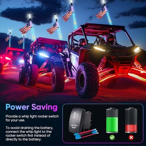 4FT Whip Lights with Strobe Light Combo Kit - Spring Base, Rocker Switch ＆ App 