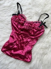 Vintage Victoria's Secret Pink Satin Corset Bustier 32C Lace Ruffle Y2K Lingerie