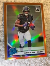 2019 Panini Donruss Optic Rated Orange Prizm /199 Justice Hill Rookie Card RC. rookie card picture