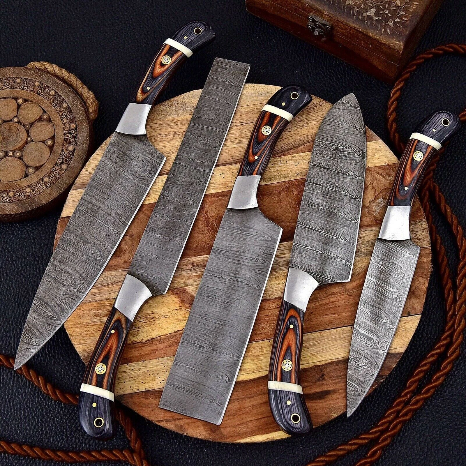 Handmade Chef Knife Set Damascus Steel Kitchen Knives with Wood Handle Leather
Opens in a new window
