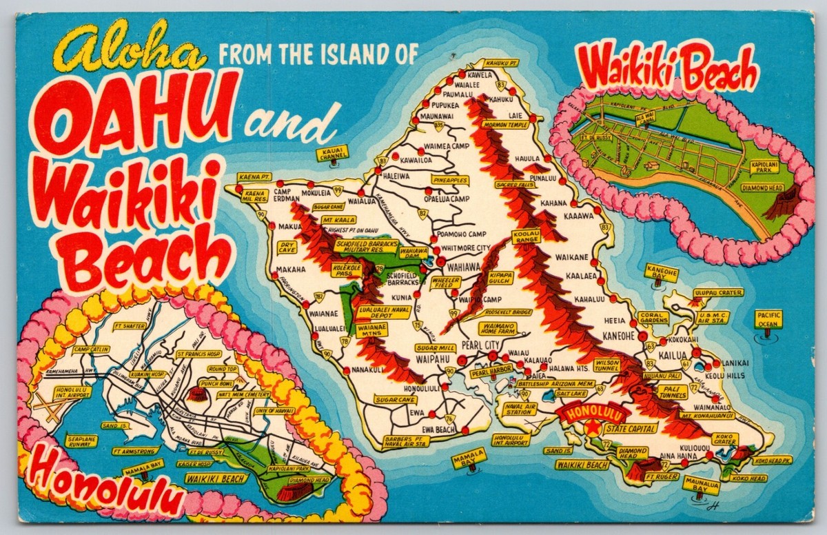 aloha-from-oahu-and-waikiki-beach-hawaii-iconic-landmarks-map-postcard-7864-ebay