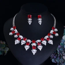 Elegant Silver Plated Red Square Crystal Dangle Necklace Earrings CZ Jewelry Set