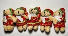 5pc 3in Small Plush Bear Christmas Tree Ornaments Decorated Hat Scarf Hanging