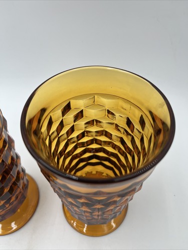2 Vintage Amber Indiana Glass Whitehall Colony Cubist Footed Tea Glasses Tumbler - Picture 2 of 7