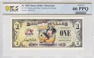 2009 $1 Disney Dollar Mickey & Pluto Castle in the Clouds PCGS GEM UNC 66 PPQ