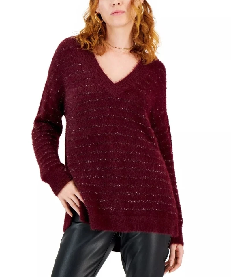 INC International Concepts size Medium Fuzzy Metallic V Neck Pullover Sweater - Image 2 of 4
