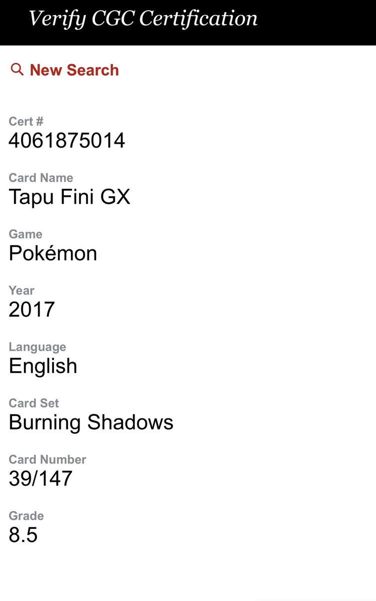 Tapu Fini GX Pokémon 2017 Burning Shadows 39/147 CGC Graded 8.5 NM