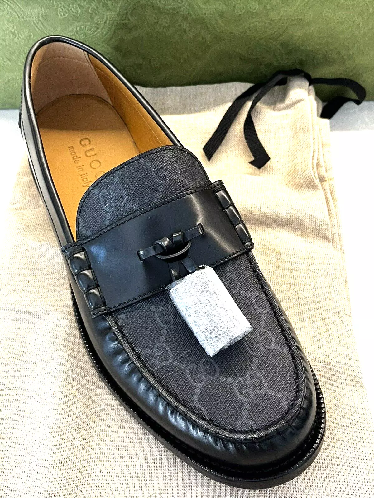 CHAUSSURES HOMMES GUCCI SUPREME TASSEL CUIR NOIR ET TOILE NOIRE US 7,5 6,5 G
