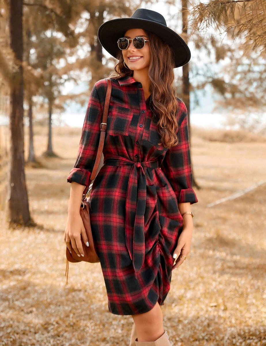 Midi Dress Flannel Shirt Dress Red And Black Flannel Dress Plus
