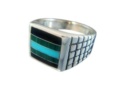 925 Sterling Silver Mens Square Onyx Malachite Turquoise Checkered Band  Ring