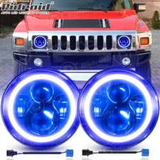 For Hummer H2 2003-2009 Pair 7" inch Round LED Headlight w/ Blue Halo Angel Eyes
