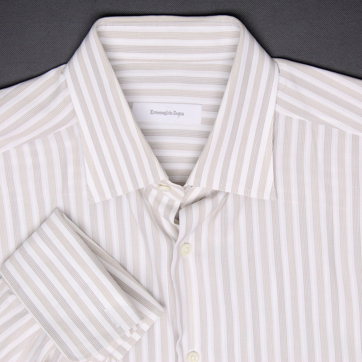 ermenegildo zegna white dress shirt Ermenegildo Zegna Mens Dress Shirt 16.5 White Brown Stripe Cotton French  Cuff