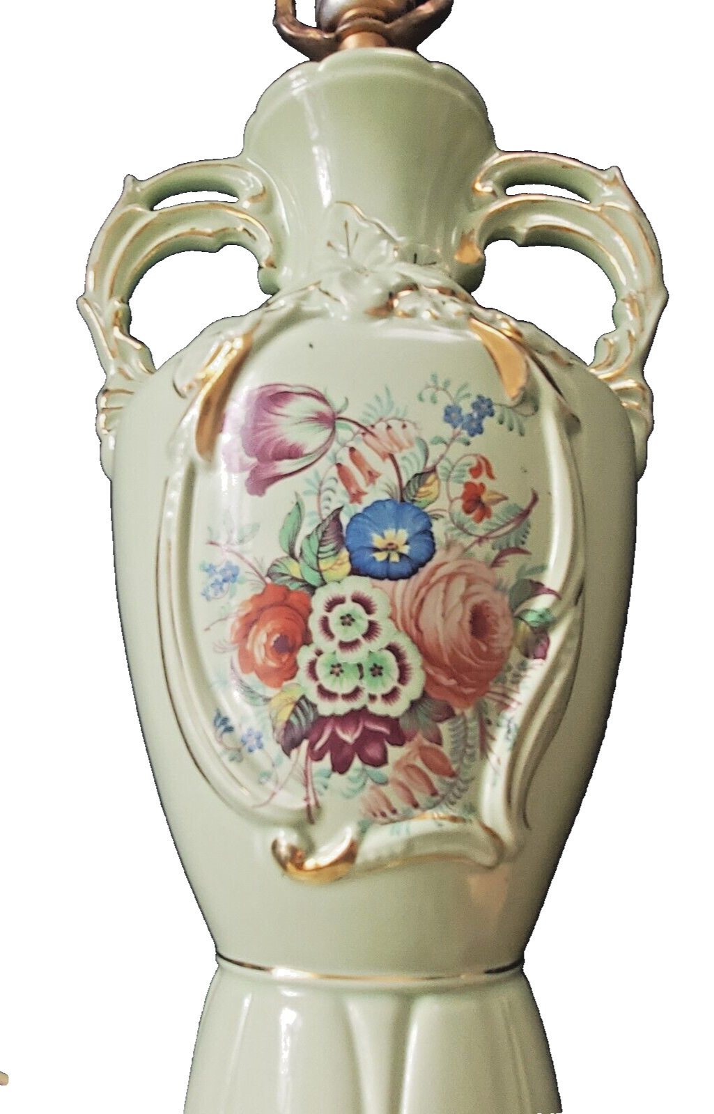 Table Lamp VICTORIAN TRANSFER ART Porcelain GOLD GILT Pale GREEN Floral 28