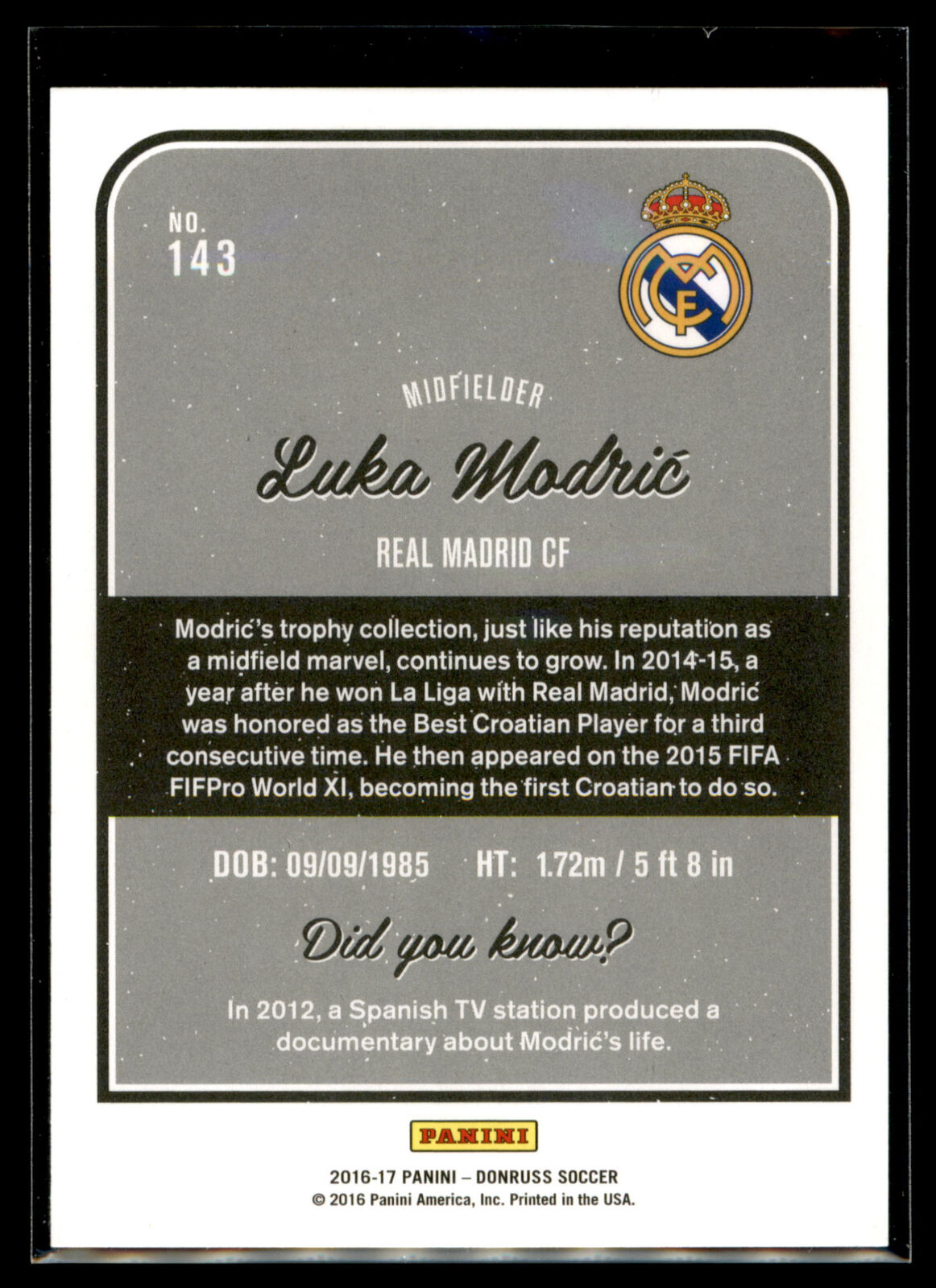 2016-17 PANINI DONRUSS Soccer LUKA MODRIC GOLD | Croatia | Real Madrid