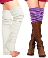 PHOGARY 2 Pairs Winter Leg Warmers Thigh High Socks Light Purple, Beige