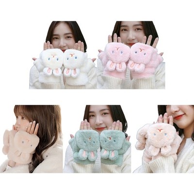 Convertible Gloves Winter Half Finger Mitten Stretchy Cartoon Rabbit Shape Glove