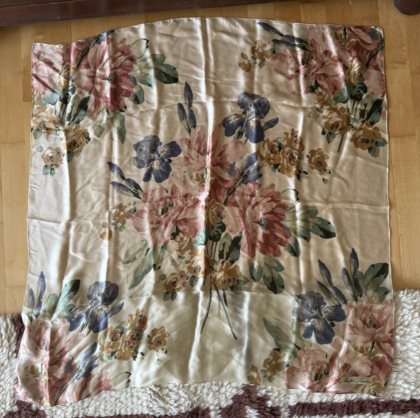 VTG Polo Ralph Lauren Cream Pink Rose Floral Silk Scarf 34”