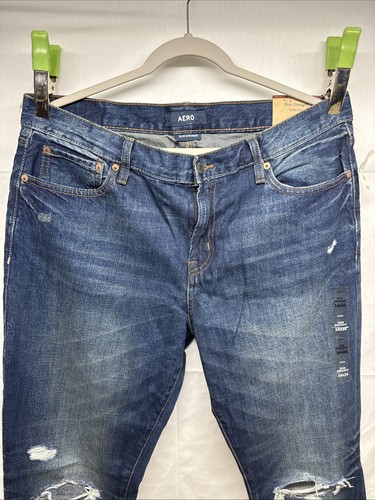 Aero Aeropostale Slim Straight Mens Jeans 34x34 Blue Distressed - Picture 2 of 13
