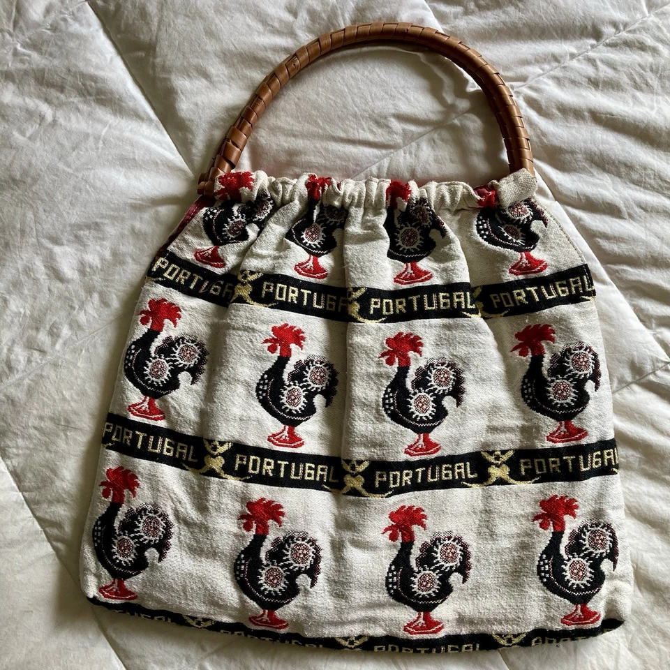 Vtg 70s Portugal Tapestry Bag Rooster Barcelos Cotton Rattan Handle Lined Tote - Image 3 of 4