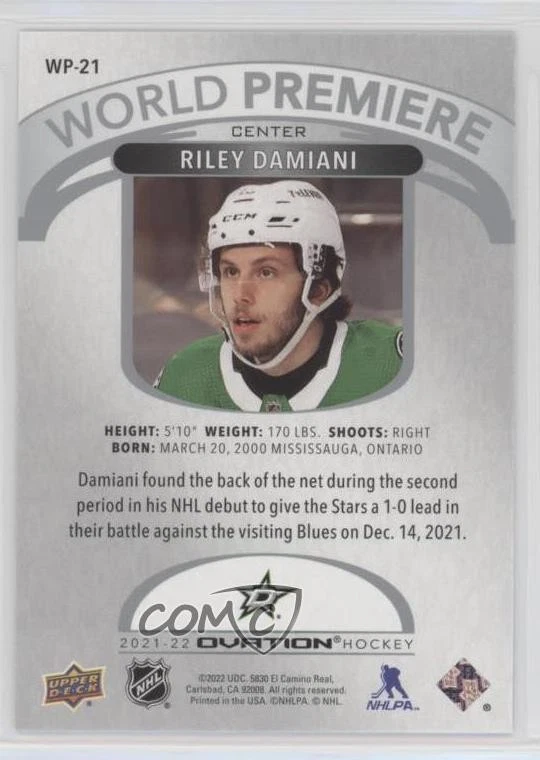 2021-22 Upper Deck Ovation World Premiere Riley Damiani #WP-21 Rookie RC - Image 2 of 2