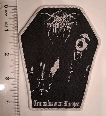 DarkThrone Transylvanian Hunger Coffin Shaped Woven Patch White Border