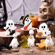 Halloween Decorations Indoor Kit - 6Pcs Primitive Wooden Ghosts Set with 3 Gh...