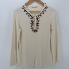 Tory Burch Womens Jeweled Sweater S Ivory Embellished Split Neck Tunic