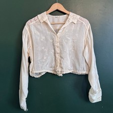 Antique Edwardian Blouse Shirtwaist Top White Silk Embroidered 1910s Ivory M