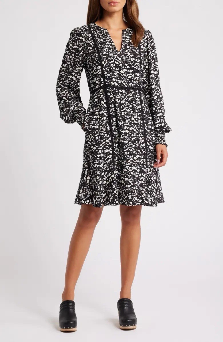 Nordstrom Caslon Floral Long Sleeve Dress with Lace Insets - Black - L
