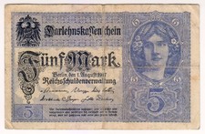 1917 Germany 5 Mark 6568181 Reichsbanknote Paper Money Banknotes