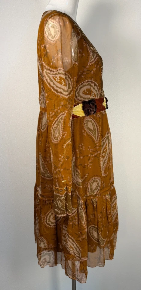 Blugirl Blumarine Silk Paisley Boho Luxe Dress Long Sleeve Brown Italy Sz 44 Y2K - Image 2 of 4