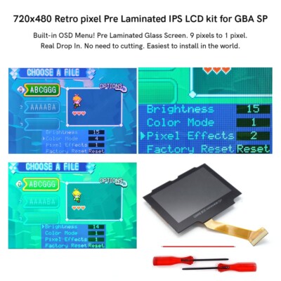 3.0 Inch Drop In GBA SP V5 IPS Laminated LCD Kit 720x480 Retro Pixel Display