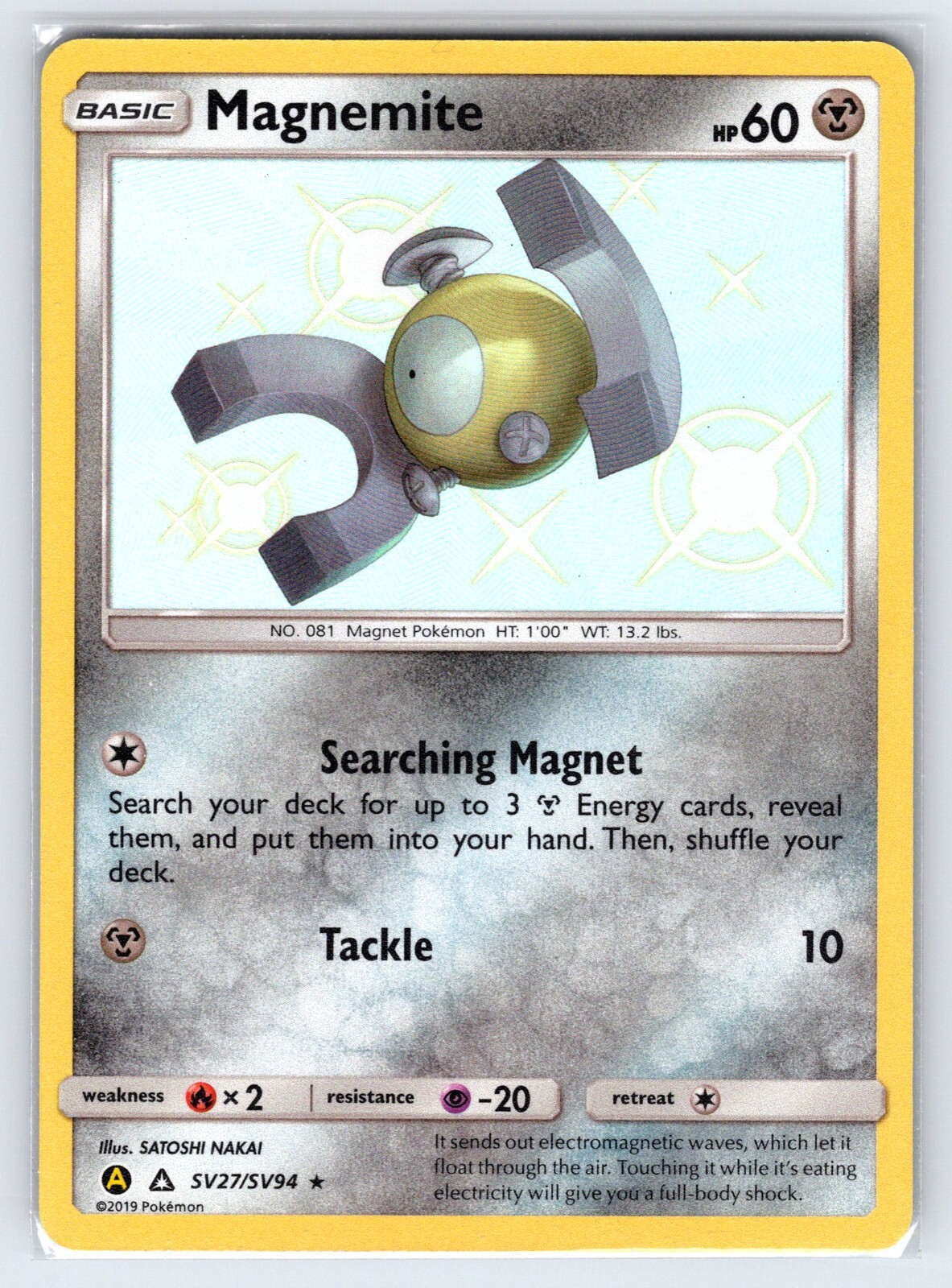 Magnemite SV27/SV94 2019 S&M Hidden Fates Pokemon Card Shiny Holo Rare - Nm