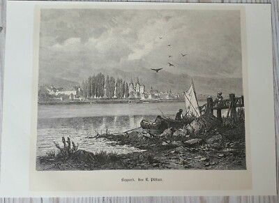 Chromolithographie Sepia Boppard Stadt Rhein 1886 Bild Kunstdruck Stich Antik
