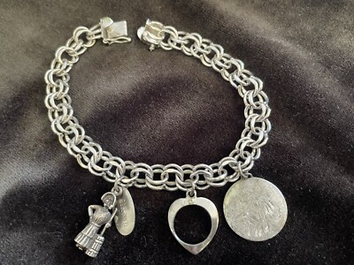 ESTATE 60'S ELCO Charm Bracelet Sterling Silver 3 Charms Double Link 7.75     