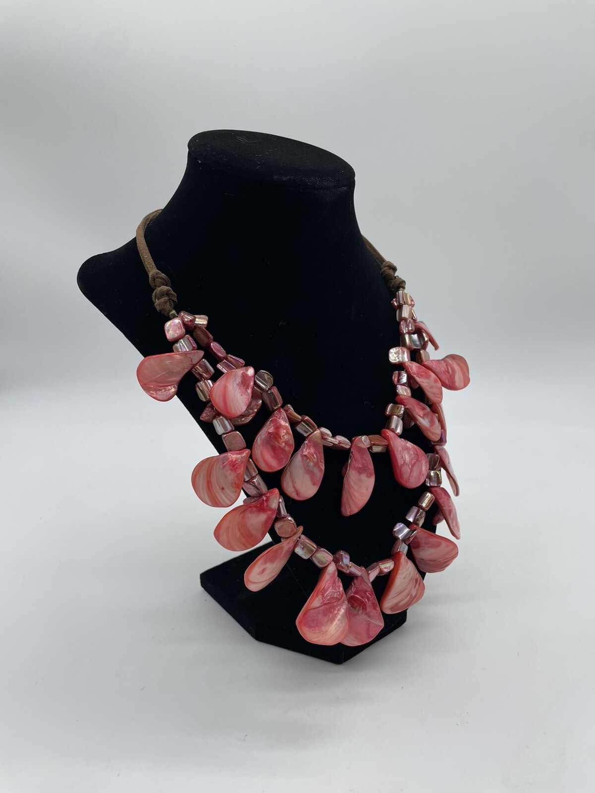 Red Pink Shell Necklace Double String Leather Cord - image 1